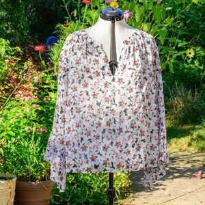 Tanya Taylor V-neck Silk Blouse with Flowers on white ground flouncy slvsNWOT